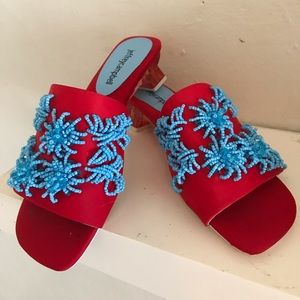 Jeffrey Campbell beaded satin mules/lucite heel